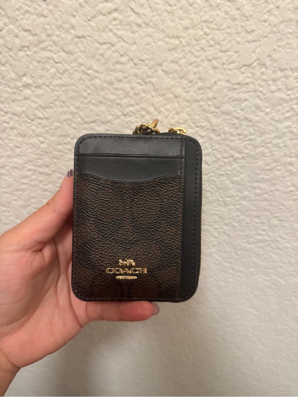 Coach Brown Monogram & Black Leather Zip Card Holder with Gold Hardware